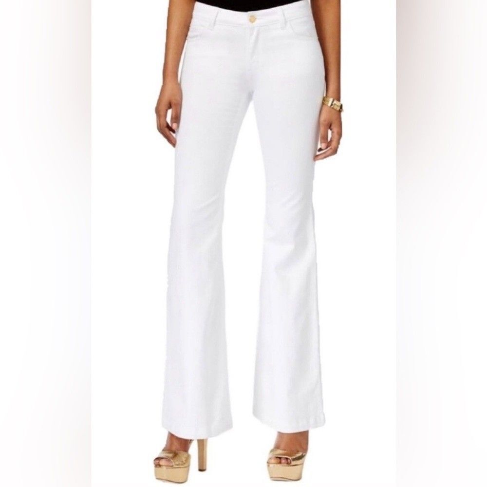 Michael Kors Straight Leg White Denim with Square Gold Metal Logo Size 8